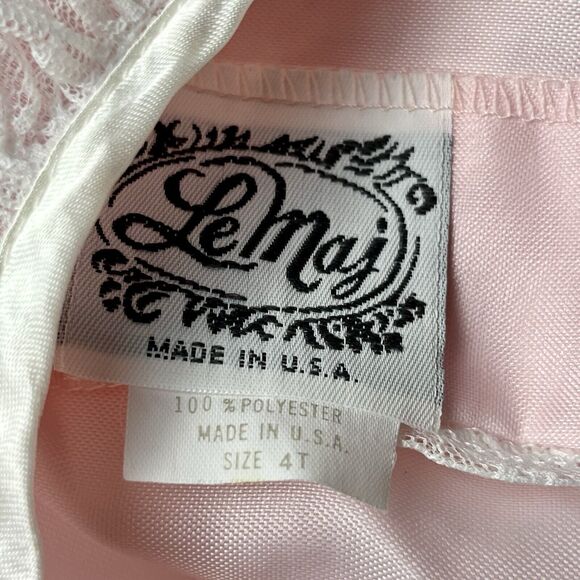 Vintage Le Maj Girl Ruffle Party Dress Size 4T Pink Satin White Lace Bubble Hem - Picture 7 of 16